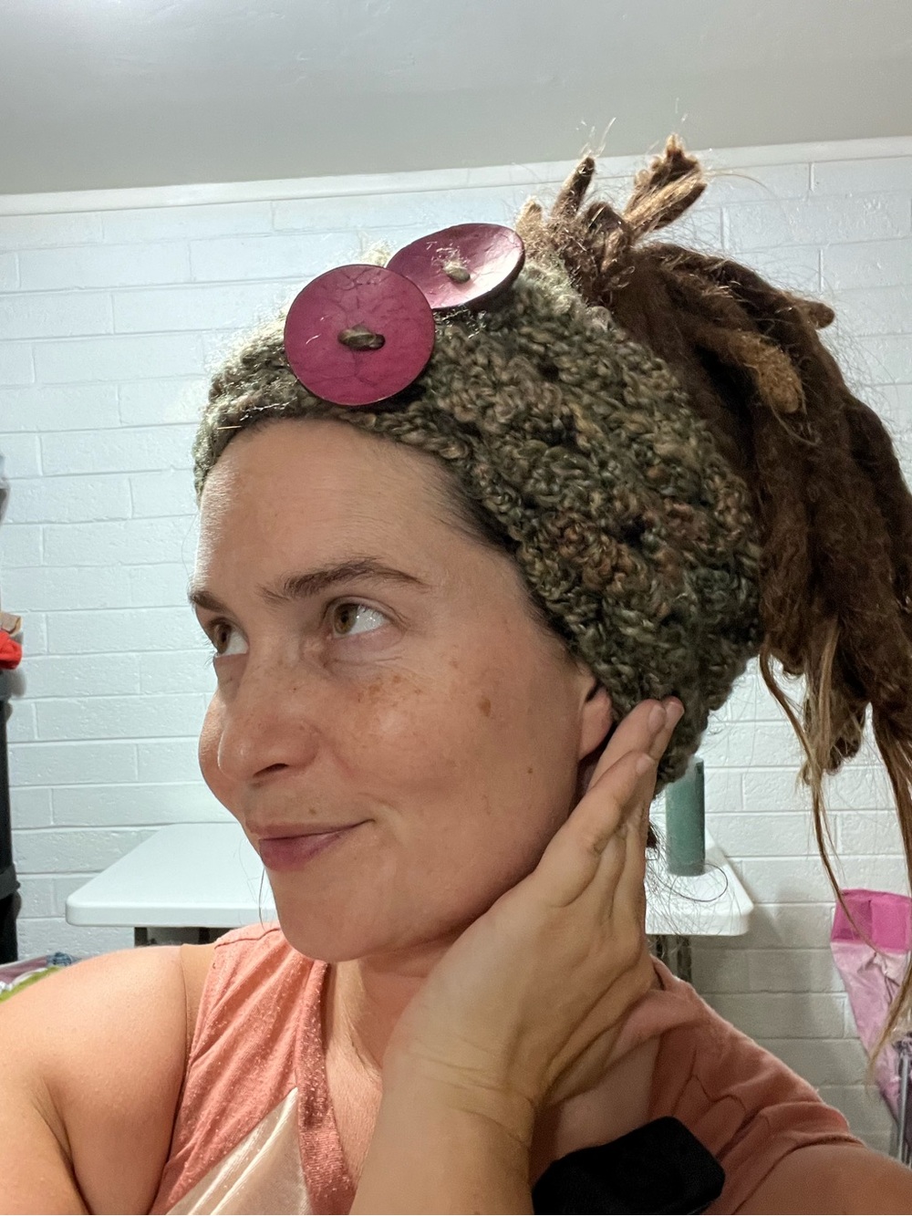 Handmade Head Wrap or Scarf Crocheted with Big Buttons Olive Green Knit Headband